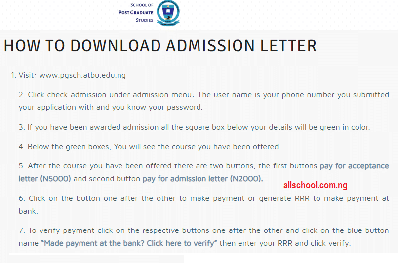 atbu acceptance fee payment procedure