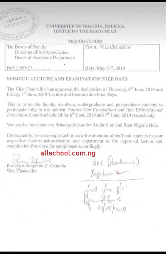 UNN declare public holidays