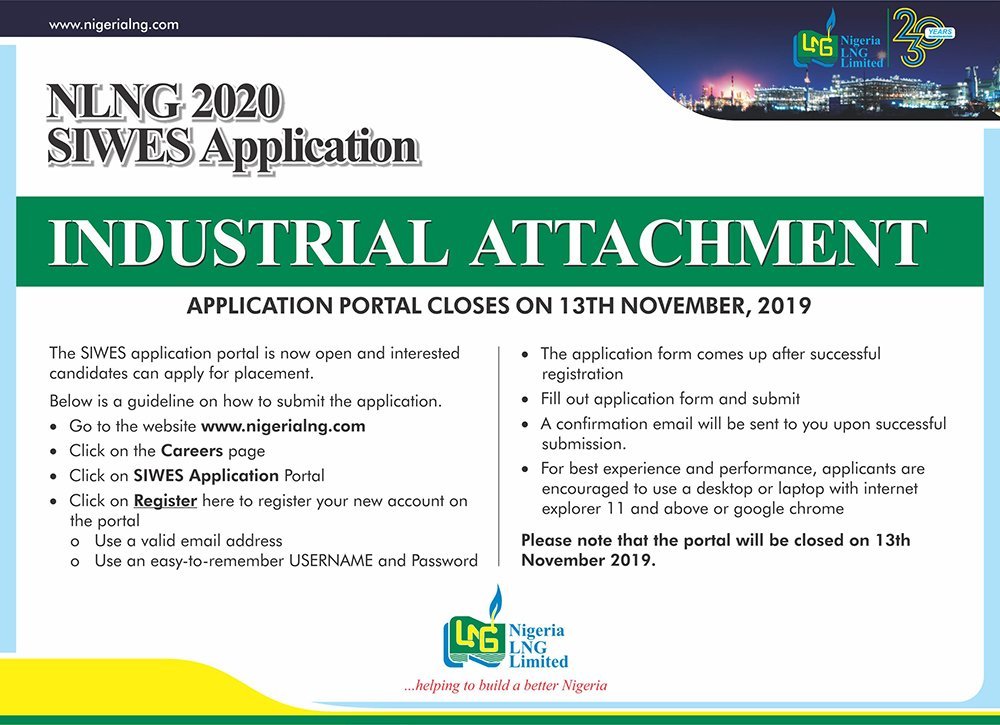 nlng siwes application 2020