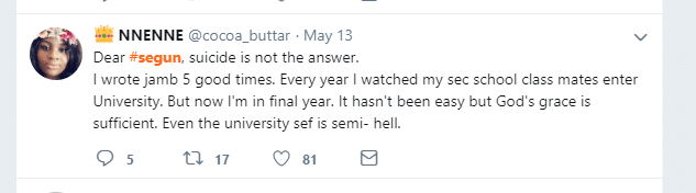 reply to segun attempt to commit suicide