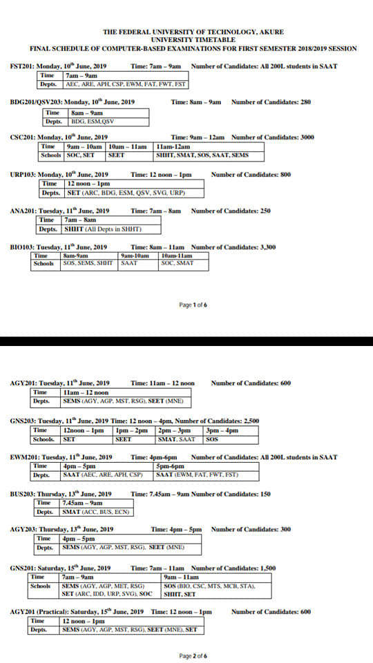 futa exam time table 1
