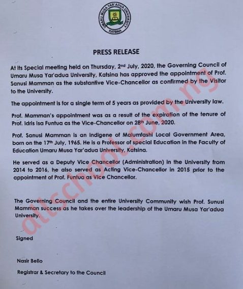 sanusi salman umyu new vice chancellor