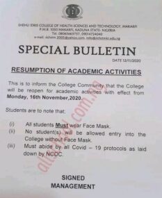 Shehu Idris College of Health Science and Tech. resumption Date