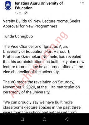 My administration has built 69 new lecture rooms - IAUE Vice Chancellor