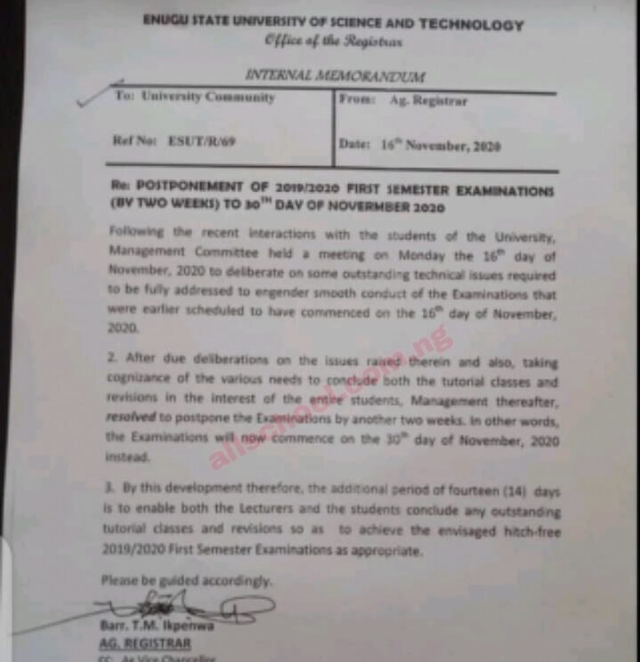 esut postpones 1st semester examination