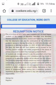 	 College of Education Ikere-Ekiti resumption date