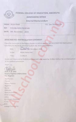fce Abeokuta matriculation date 2019-2020
