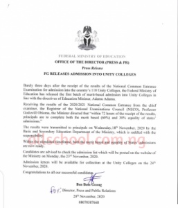 federal unity schools admission list