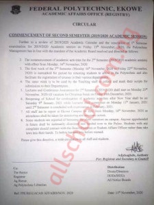 federal poly ekowe second semester resumption date