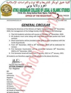 Atiku Abubakar College of Islamic and Legal studies resumption notice