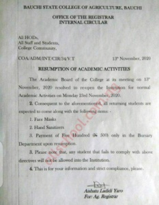 bauchi state college of agriculture resumption date