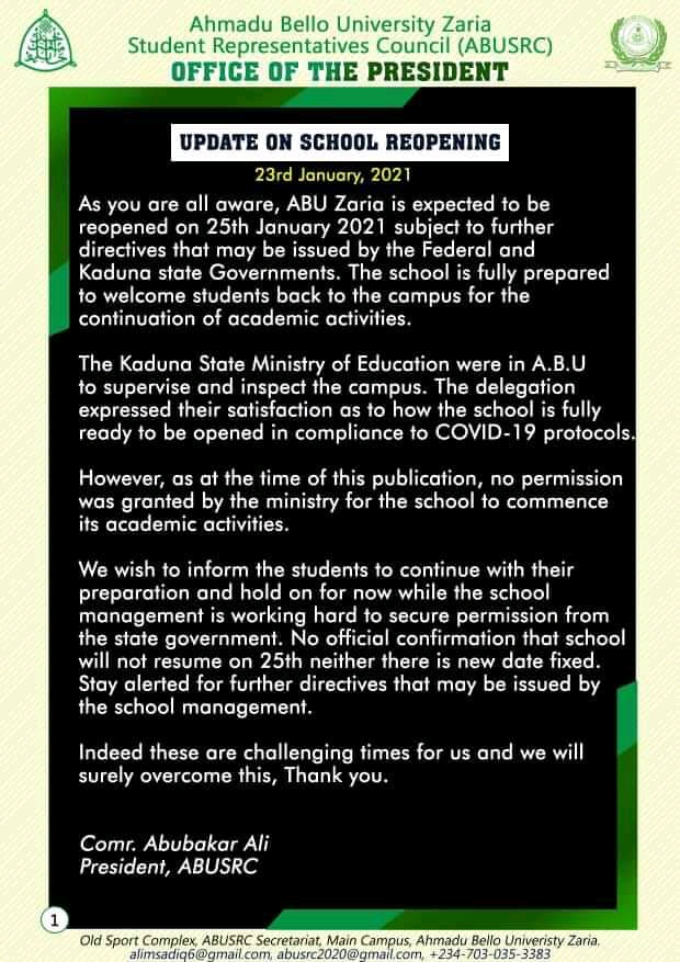 abu notice to students on resumption