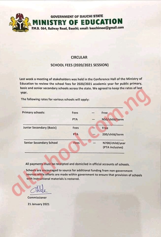 Bauchi State Schools Primary & Secondary Tuition Sees