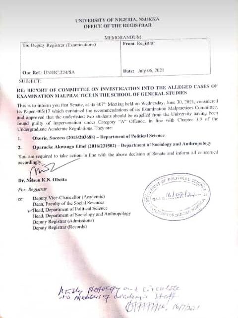 unn expels success and oparaeke