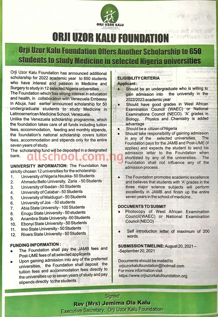 Orji Uzor Kalu Foundation Scholarship 2021