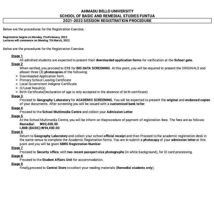 ABU SBRS Registration Procedures for newly admitted students 2021/2022