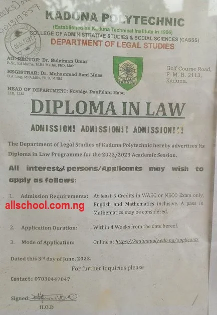 kaduna polytechnic diploma in law form 2022