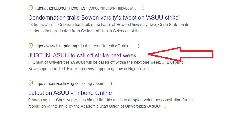 Google search showing ASUU will call off strike next week