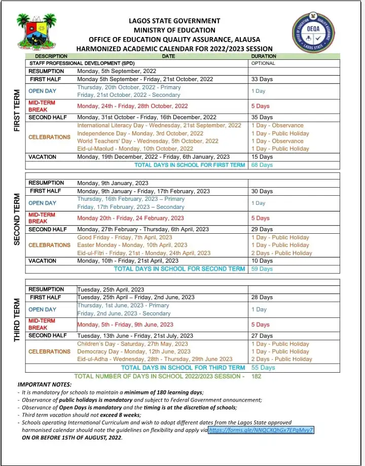 Lagos State Primary and Secondary Schools Academic Calendar