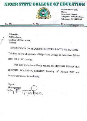 niger state college of education resumption date