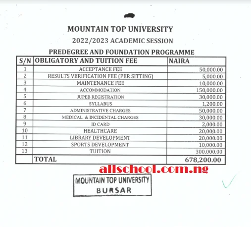 mountain top university pre-degree and jupeb school fees