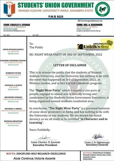unizik sug memo disclaimer