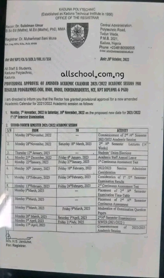 KADUNA POLY ACADEMIC CALENDAR