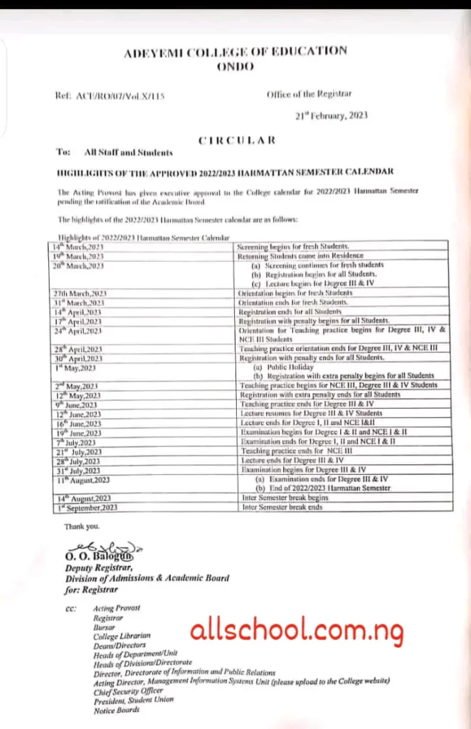 ACEONDO Academic Calendar for 2023