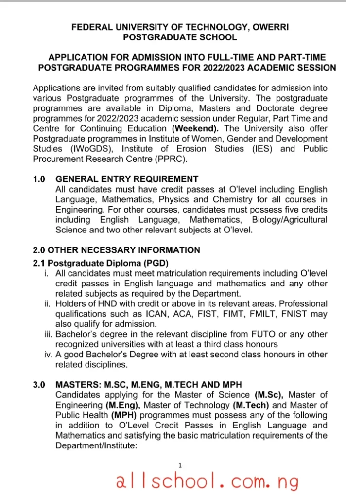 FUTO POSTGRADUATE FORM 2023