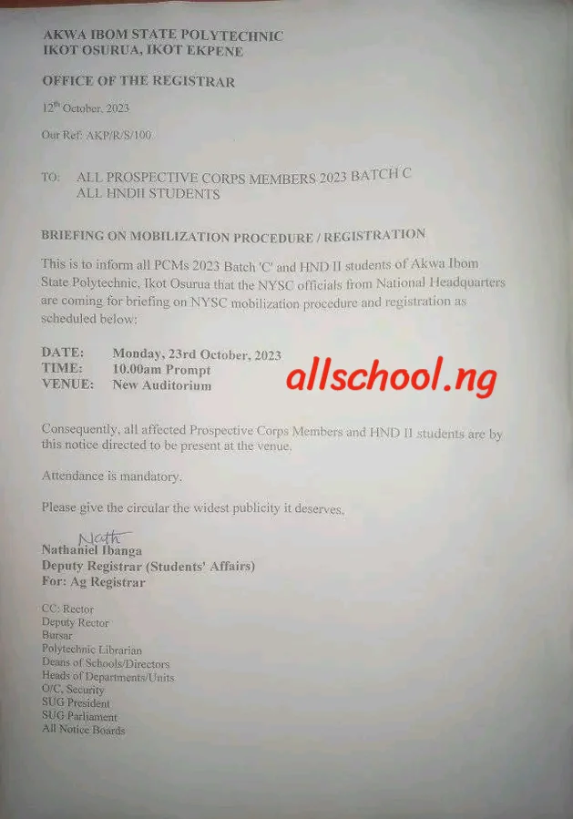 Akwa Ibom State Poly notice to all 2023 prospective Corp members (Batch C) & HND II students